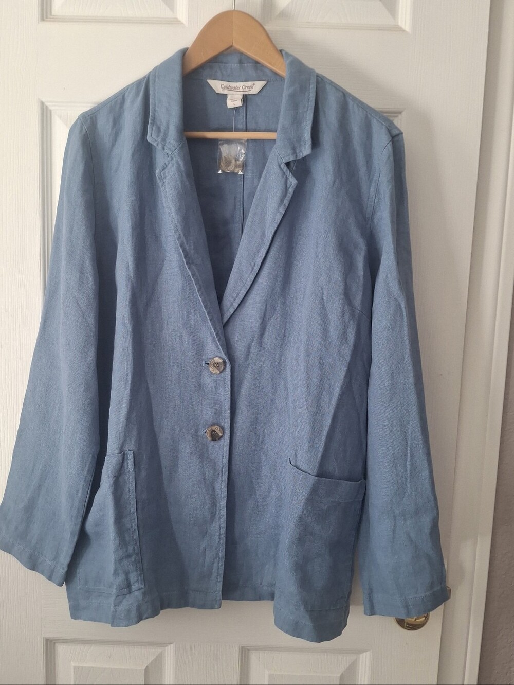 Coldwater Creek Women's Large Blue Linen Blazer Jacket Pockets Coastal Casual L